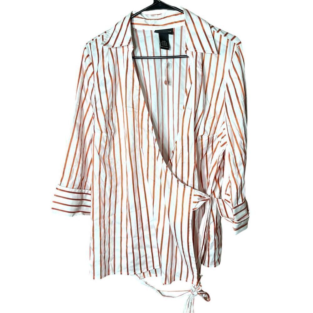 Lane Bryant Women's Basic Red Striped Cotton Blend Wrap Blouse Size 14/16